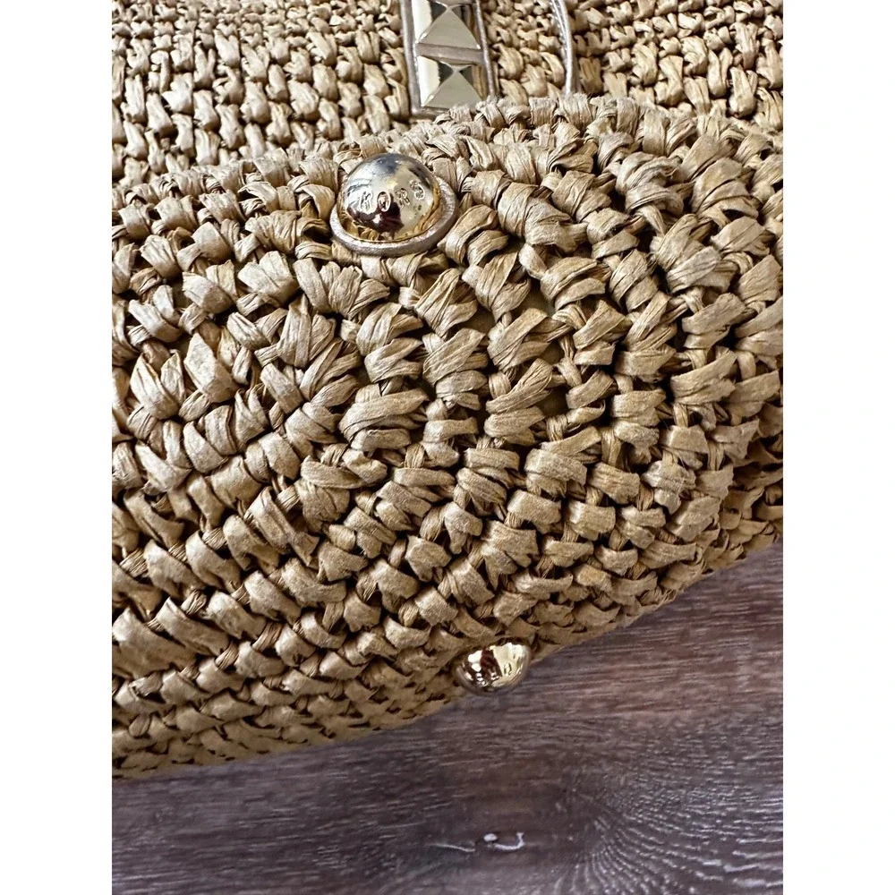 Michael Kors Woven Straw Purse Tote Gold Tone Fob Footed Shoulder Bag